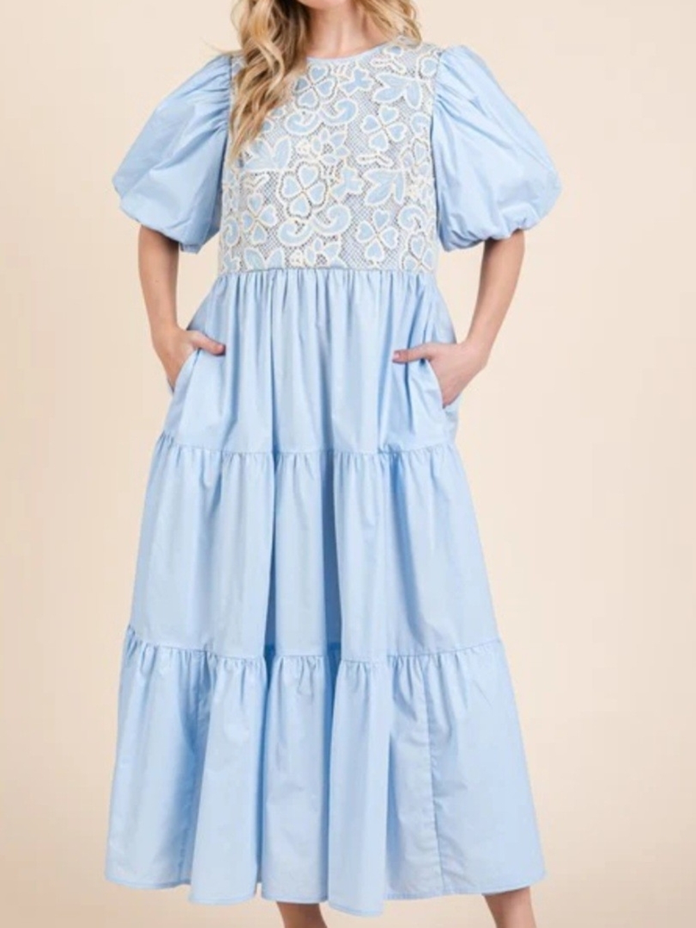 Light Blue Lace Bodice Puff Sleeve Midi Dress